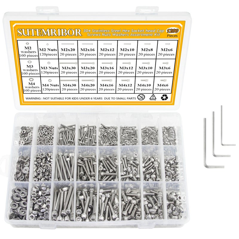 Sutemribor 304 Stainless Steel Screws Nuts and Washers 1200PCS, Sutemribor M2 M3 M4 Hex Socket Head Cap Bolts Screws Nuts Washers Assortment Kit with Hex Wrenches - Image 1